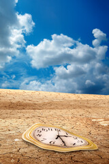 Conceptual image of close up clock face on dried and cracked landscape over cloudy sky