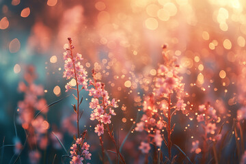 Enchanted meadow of wildflowers bathed in golden sunlight with a magical bokeh effect. Dreamy nature scene perfect for inspiration and mystical themes ,generative ai