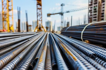 steel rebar stacked at a construction site with cranes in background - obrazy, fototapety, plakaty