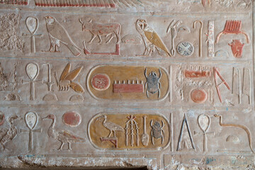 Hieroglyphs on the walls Deir el bahri, Temple of Hatshepsut, Egypt, Luxor