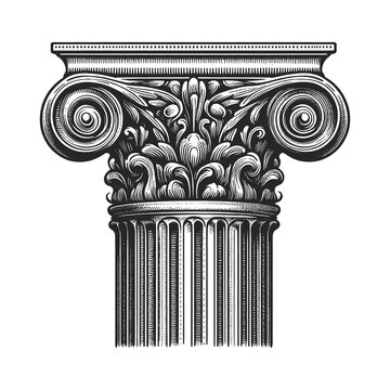 Ionic Roman Greek column capital intricate acanthus leaves and scroll volutes, in engraving style sketch engraving generative ai raster illustration. Scratch board imitation. Black and white image.