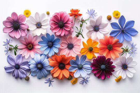 Gradient of colorful daisy flowers spanning from warm to cool tones, laid out in a dynamic and eye-catching flat lay design on a white background ,generative ai