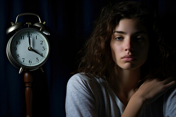 A woman struggles with insomnia, lying in bed staring at the ceiling with a clock nearby. Concept of sleepless nights and sleep disorders. - obrazy, fototapety, plakaty