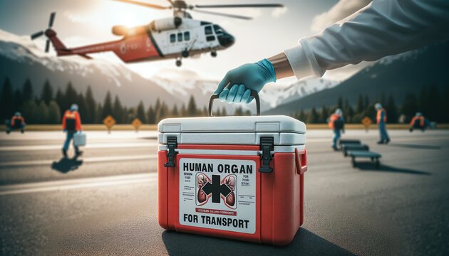 An urgent and life-saving human organ transport is efficiently conducted via medical helicopter, showcasing the critical role of air ambulance services in healthcare