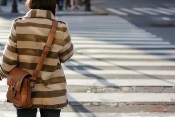 person with a crossbody handbag waiting at a pedestrian crossing