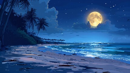 Fototapeta na wymiar A Tropical Nighttime Moonlit Beach Scene Generative AI