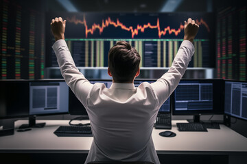 Excited Businessman Celebrating Successful Deal. A person with their arms raised in victory in front of multiple computer screens displaying financial data. Generative AI