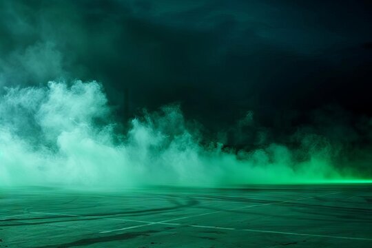 Ominous green smoke rising from the ground in a dark, foggy stadium, creating a toxic and eerie atmosphere, abstract illustration