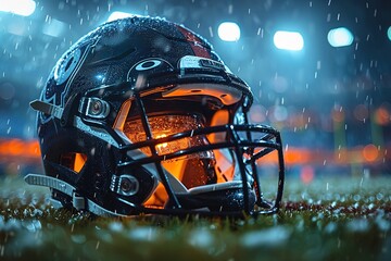 american football helmet on the pitch laying - obrazy, fototapety, plakaty