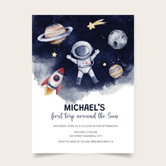 Birthday invitation card with outer space theme background template for boys