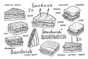 Set of sandwiches with lettering in doodle style.  Fast food. Great for menu design, banners, websites, packaging. Hand drawn
