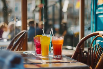 brightly colored mocktails on a cafe table - obrazy, fototapety, plakaty