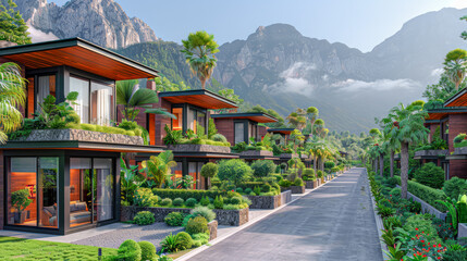 Fototapeta premium Modern Eco-Living Sustainable Modern Architecture Amidst Mountain Scenery Digital Art Background Poster Brainstorming Card