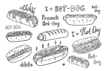 Big set of hot dogs with lettering in doodle style. French hot dog. Fast food. Great for menu design, banners, websites, packaging. Hand drawn