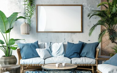 Mockup frame close up in coastal style home interior background, 3d render