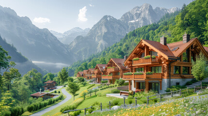 Obraz premium Modern Eco-Living Sustainable Modern Architecture Amidst Mountain Scenery Digital Art Background Poster Brainstorming Card