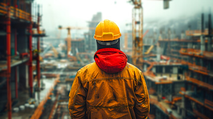 Engineer in Hard Hat and Yellow Jacket Observing Construction Site. Generative AI