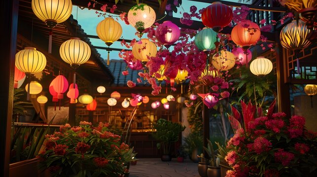 Modern ketupat and lantern lights with festive decorations ai image