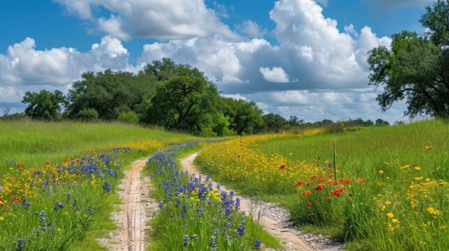 Wildflowers along a rural Texas road. Copy Space.