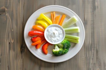 kids plate with separated vegetables and dip in the middle