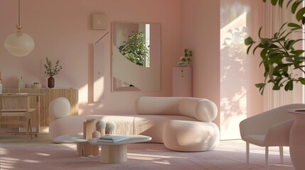 A light pink-themed living room exudes modern elegance, with its sleek furnishings and subtle color palette. The unoccupied area offers a canvas for creativity in the form of personalized decor. 8K.