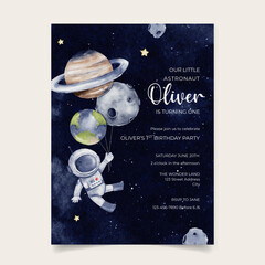Birthday invitation card with cute little astronaut holding a planet shaped balloon, outer space theme invitation for boys