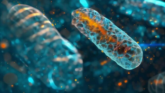 A threedimensional reconstruction of mitochondria in a cell depicting their intricate network and interconnectedness within the cell. . AI generation.