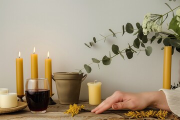 hand resting beside wine, caddy, and beeswax candles