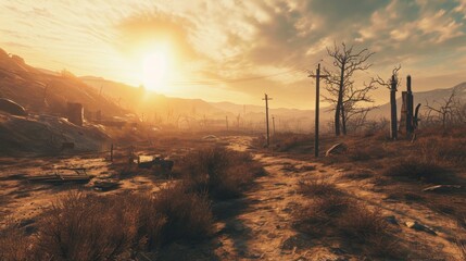 Wastelands in the wild nature in the Stalker universe. Copy Space. - obrazy, fototapety, plakaty