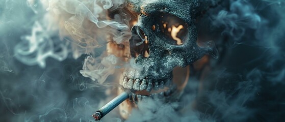 Noxious narrative, a skull in smoke trailing off a cigarette - obrazy, fototapety, plakaty