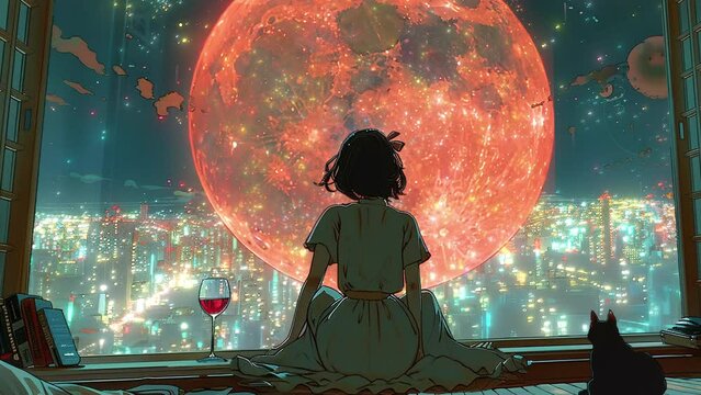 An animated scene featuring a girl with wine and a cat against a nighttime cityscape backdrop. 3D effect