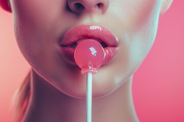 A woman is licking a pink lollipop with her mouth, trendy pink 90 vibe concept - obrazy, fototapety, plakaty