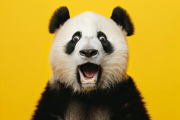 Surprised panda with wide eyes and open mouth, amazed expression, yellow background - obrazy, fototapety, plakaty