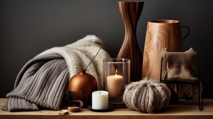 Wooden accessories and decor elements. In the spirit of hygge. - obrazy, fototapety, plakaty