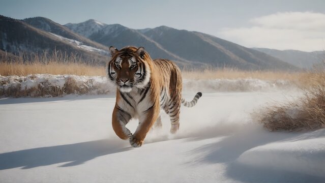 jumping tiger on the snow