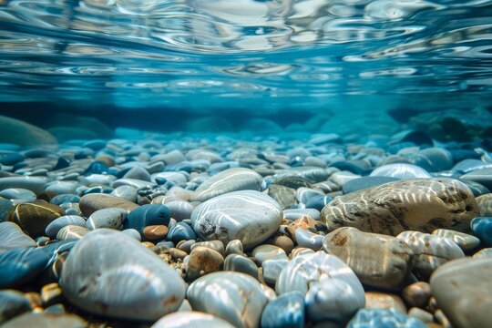 Tranquil River with Smooth Pebbles Underwater, Natural Aquatic Background, Abstract Photo