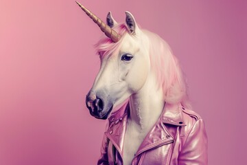 Unicorn wearing a pink leather jacket on pink background, anthropomorphism vibe