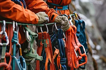Fotobehang climber tries on different sizes of safety harnesses © studioworkstock