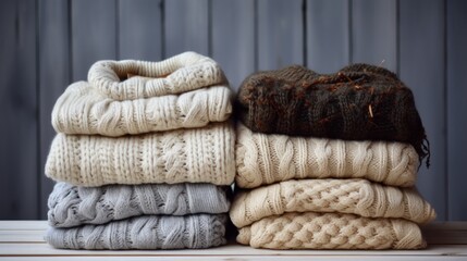 Woolen sweaters or pullovers for extra warmth. In the spirit of hygge. Copy space. - obrazy, fototapety, plakaty