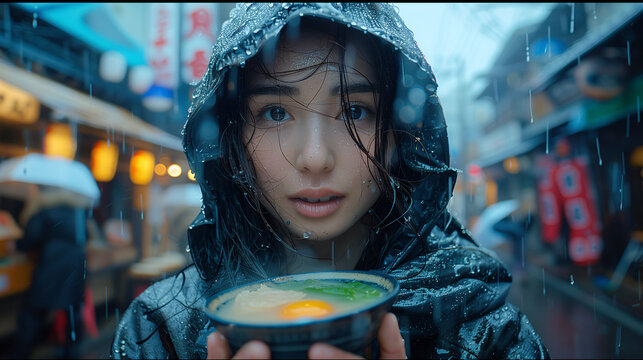 Woman in raincoat holding soup on rainy city street