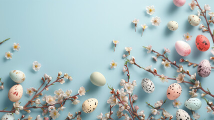 "Spring's Gentle Palette"
A delicate dance of quail eggs, dappled with earthy speckles, among tender spring blossoms, all resting on a serene blue canvas, invoking the essence of renewal.