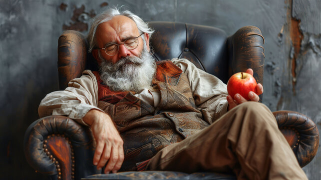 Elderly man with a beard sitting in a leather armchair holding an apple, contemplating.