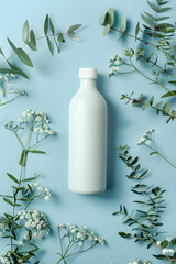 White cosmetic bottle mock-up on a baby blue background surrounded by plants