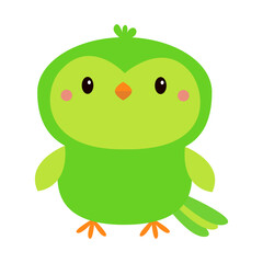 Parrot bird toy icon. Big eyes. Green color feather. Funny Kawaii animal standing. Kids print. Cute cartoon baby character. Pet collection. Childish style. Flat design. White background. Vector