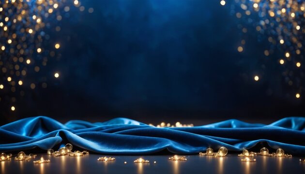 A luxurious scene with a rich blue satin cloth undulating amongst twinkling golden fairy lights against a bokeh light backdrop