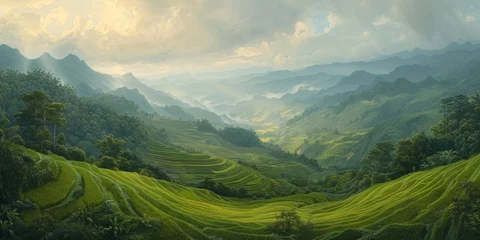 Fotobehang Sunlit Mountainside A Serene Scenery with a Hint of Clouds Generative AI © Satyam