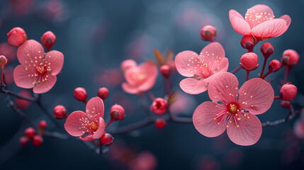 Vibrant pink cherry blossoms with dew drops against a moody blue background. - obrazy, fototapety, plakaty