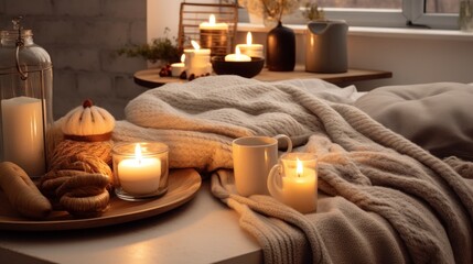 Warm blankets and candles in the kitchen for breakfast. In the style of hygge