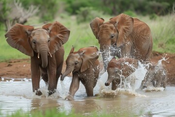 group of baby elephants splashing in a waterhole