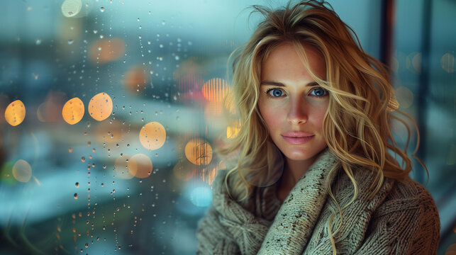 Portrait of a contemplative woman by a rainy window with city lights bokeh in the background.
